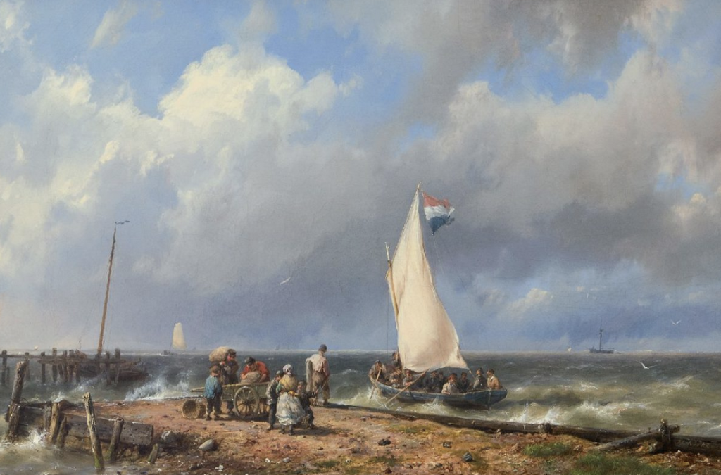 Hermanus Koekkoek, Vertrekkend zeilschip bij de haveningang, Collectie Simonis en Buunk, Ede