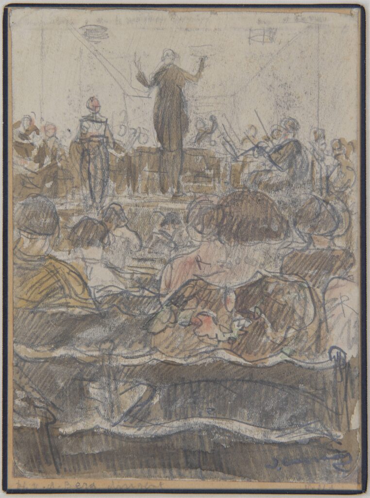 Het concert - Ko Cossaar (1874-1966) Keuze van Matthijs van Nieuwkerk - Concert o.l.v. H. v.d. Berg, orkestdirigent te Delft, tekening op papier. Collectie Simonis & Buunk, Ede